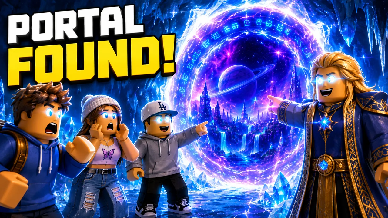Surface visitors discovering a violet portal